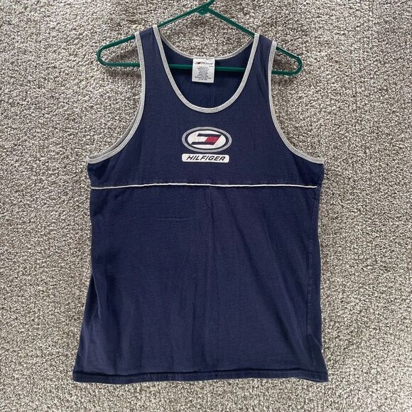 Vintage Tommy Hilfiger Athletics Shirt Mens Medium Blue Tank Top USA Made Logo - Picture 1 of 10